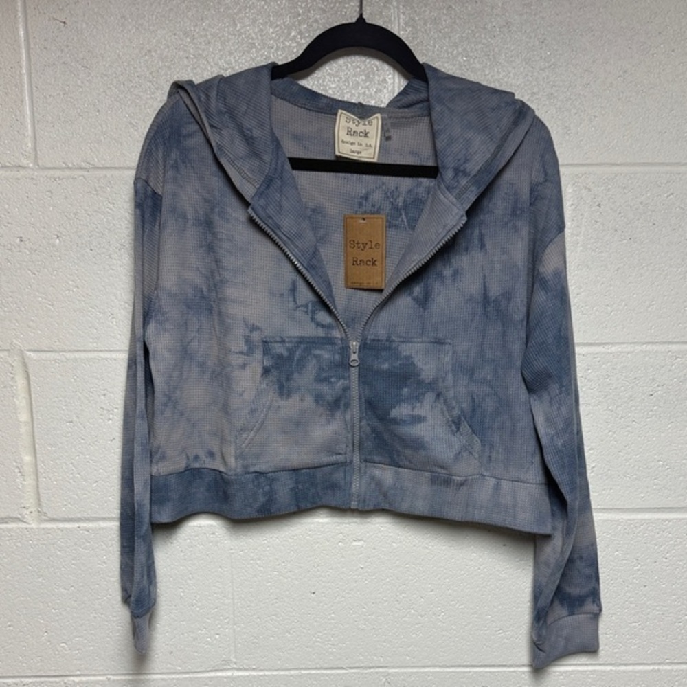 Style Rack Blue Gray Tie-Dye Waffle Knit Cropped Zip‎ Up Hoodie Womens Large NEW